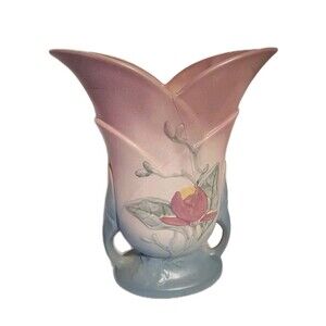 Hull Magnolia Vase 9 - 10.5" Double Handled Matte Pink & Blue USA Vtg 1940's
